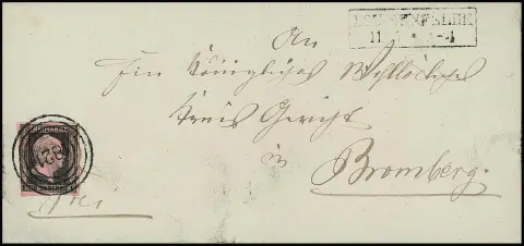 "1821" plus Ra2 "Louisenfelde" clear on letter with 1 Sgr. black/pink (slightly touched) to Bromberg, only this one letter is known, cf. Krauß handbook (illustrated there)