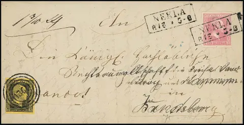 "1861" as cancellation on the 3 Sgr. black/golden yellow (intense shade), the 1 Sgr. pink adhering at top right, 3rd issue "Gittergund", on the other hand with Ra2 "Nekla", both flawless, on letter (address partly overwritten)