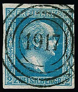 "1917" (Wallendorf), rare Rheinland-NS very fine clear and centered on well-margined 2 Sgr. blue (min. light), signed Kastaun, Banker