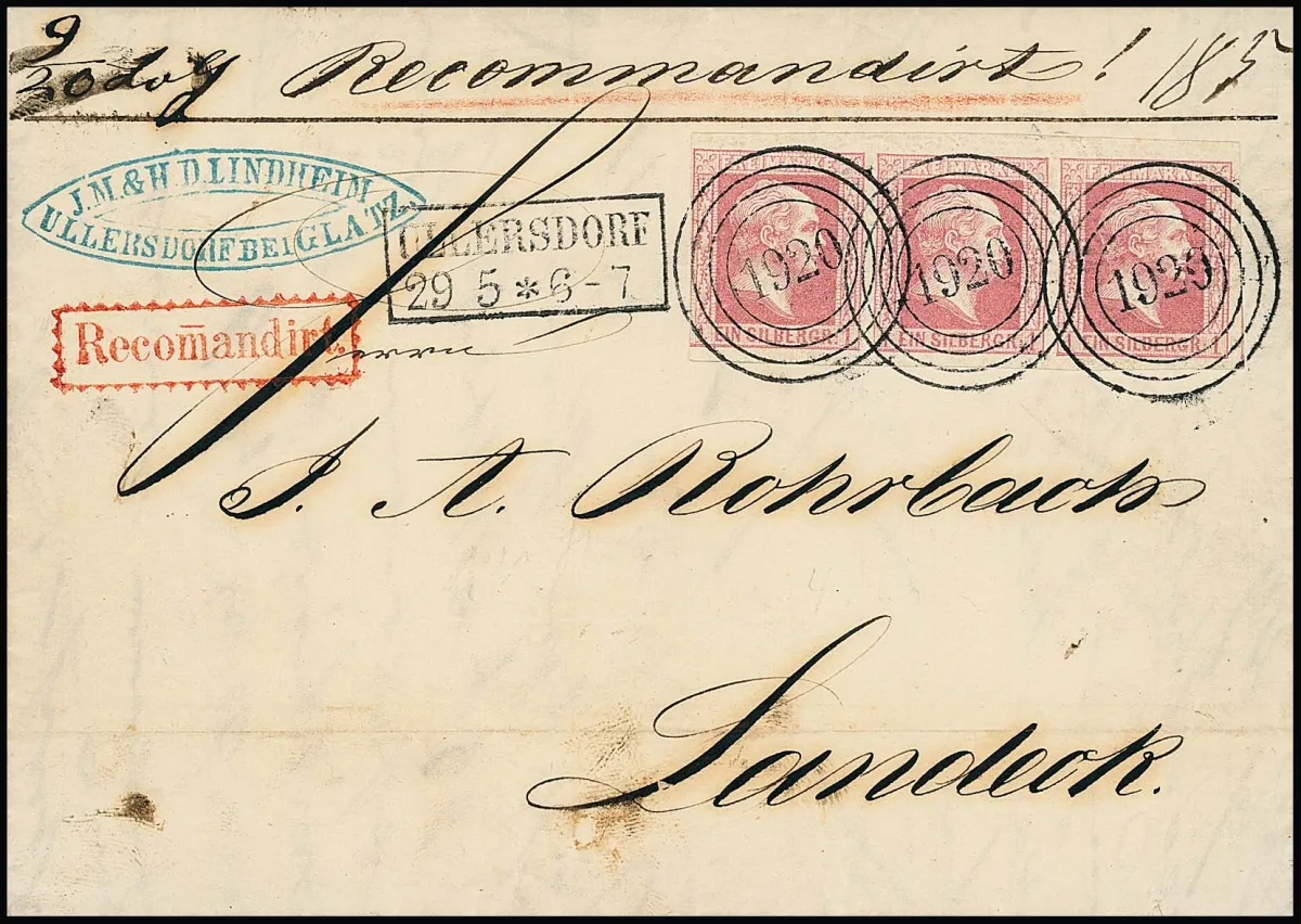 "1920" together with Ra2 "Ullersdorf" very clear and nicely struck on decorative registered letter with strip of three 1 Sgr. pink, only left stamp touched on left, otherwise…