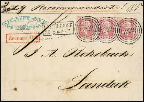 "1920" nebst Ra2 "Ullersdorf" sehr klar und schön abgeschlagen auf dekorativem Reco-Brief mit Dreierstreifen 1 Sgr. rosa, nur linke Marke links berührt, sonst…