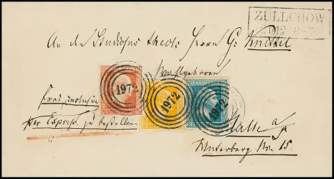 "1972" nebst Ra2 "Züllichow" sehr klar auf Expreßbrief (seitlich geöffnet, min. Reinigungsspuren) mit breitrandigen Kabinettstücken 1/2 Sgr. rotorange sowie 2…