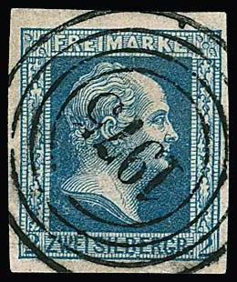 "1975" (Friedrichsthal), good Saar-NS clear and centered on cabinet piece 2 Sgr. blue, this with plate flaw "break at B of SILBERGR." (alone Mi. 600,-), signed Kastaun, Banker