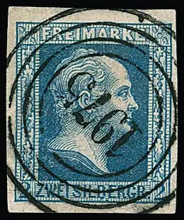 "1975" (Friedrichsthal), guter Saar-NS klar und zentrisch auf Kabinettstück 2 Sgr. blau, diese mit Plattenfehler "Ausbruch am B von SILBERGR." (alleine Mi.…