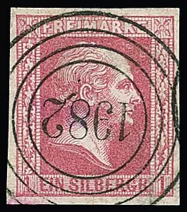"1982" (Augustwalde), rare numéro élevé, frappe claire et centrée du rare NS de Brandebourg sur pièce de cabinet 1 Sgr. carmin (à mon avis déjà "b"), signé Ebel, Banker, Kastaun, R.F. Engel et attestation Jäschke-L.