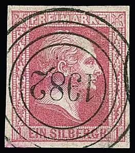 "1982" (Augustwalde), seltene hohe Nummer, klarer und zentrischer Abschlag des seltenen Brandenburg-NS auf Kabinettstück 1 Sgr. karmin (m.E. schon "b"), sign.…