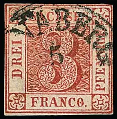 3 Pfge. dunkelrot, Platte III, Bogenfeld 15 (u.a. "Punkt in O von FRANCO"), sehr tiefe und intensive, fast kirschrote Nuance, mit K1 "Annaberg", oben rechts…