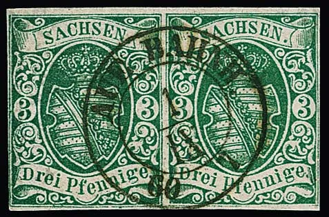 3 Pfge. bleu-vert, paire de luxe horizontale avec un K2 centrique "Aue Bahnhof", photo-exp. Rismondo