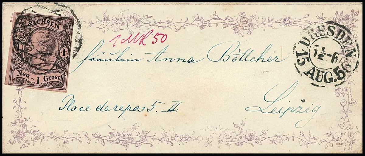 1 Ngr. schw./rosa einzeln auf entzückendem kleinem, violettrosa gedrucktem Biedermeier-Zierbriefchen aus Dresden 1856, rückseitig ebenfalls mit flächigem…