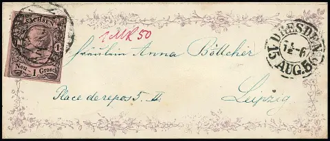 1 Ngr. zwart/roze enkel op charmant klein, violetroze gedrukt Biedermeier sierbriefje uit Dresden 1856, achterzijde eveneens met vlakke druk, een mooie brief! Certificaat Vaatz en gesigneerd Rismondo