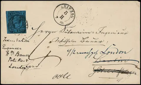 2 Ngr. zwart/blauw, bovenaan geraakt, op couvert met NS "2" en K2 "Leipzig" naar Berlijn en vandaar met taxe "4" doorgestuurd naar Londen (achterzijde aankomststempel). Interessante buitenlandse brief, die echter de inzetprijs van 750,- euro niet zou rechtvaardigen als hij niet gericht was aan de "onderzeeboot-ingenieur Wilhelm Bauer". W. Bauer (1822-1875) geldt als de uitvinder van de moderne onderzeebootbouw. Hij construeerde in 1850 de eerste in Duitsland gebouwde onderzeeboot