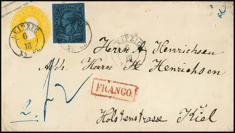 2 Ngr. zwart/donkerblauw, breedgerand prachtexemplaar met K2 "Leipzig" op postwaardestuk 3 Ngr. geel via Hamburg naar Kiel/Denemarken, duidelijke rode Ra1 "FRANCO", zeldzame bestemming in goede algehele staat, foto-exp. Rismondo