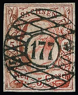 5 Ngr. brick red, luxury piece with ideally centred NS "177" (Zwönitz), signed Rismondo