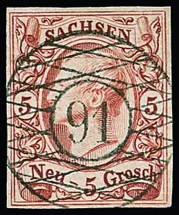 5 Ngr. ziegelrot, Luxusstück mit ideal zentrischem NS "91" (Kirchberg), sign. Rismondo