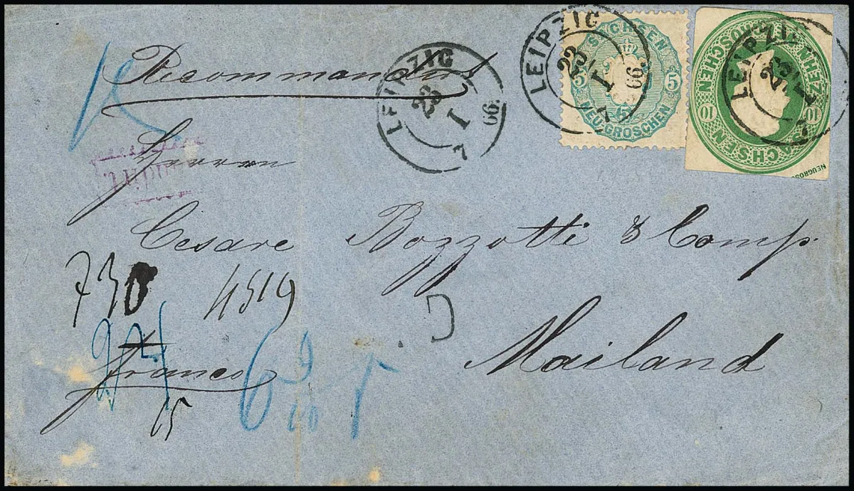 5 Ngr. grey-blue and rectangular cut Johann postal stationery cutout 10 Ngr. green in typical cut on registered cover (this with typical signs of use and fold trace on left outside)…
