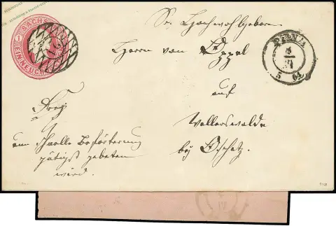 Johann-postwaardestuk 1 Ngr. karmijn met NS "21" en K2 "Pirna" als landelijke expresomslag naar Weiterswalde bij Oschatz, achterzijde zeer zeldzame expresbriefje met totaal 6 1/10 Ngr. expreskosten, ex Knapp, gesigneerd Pröschold