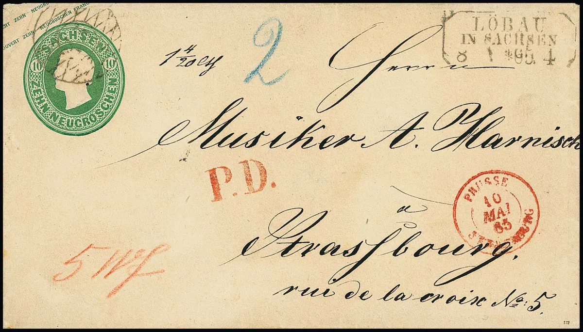 Entier postal Johann 10 Ngr. vert, magnifique enveloppe avec NS "45" et Ra3 accessoire "Löbau in Sachsen" comme lettre double pour Strasbourg (surtaxée d'environ 1 Ngr.), L1 accessoire rouge "P.D" et K2 de transit de Strasbourg 1865…