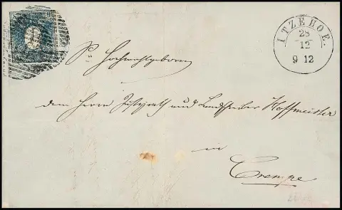 1 Sch. blau einzeln auf gefaltetem Brief mit zweifachem Roststempel "16" und K2 "Itzehoe" vom 28.12.1850 nach Crempe. Die Marke rechts oben berührt, sonst…