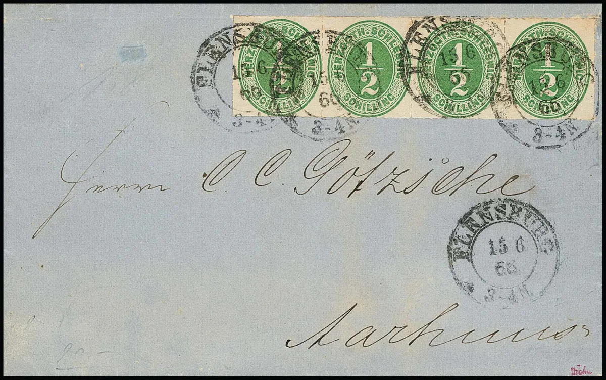 1/2 Sch. groen, horizontale strook van vier op licht getinte brief met K2 "Flensburg" 1866 naar Aarhus, gesigneerd Drahn, Kruschel, ex "Romanow"