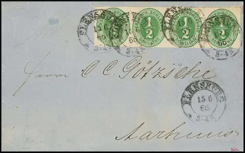 1/2 Sch. groen, horizontale strook van vier op licht getinte brief met K2 "Flensburg" 1866 naar Aarhus, gesigneerd Drahn, Kruschel, ex "Romanow"