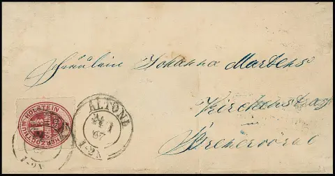 1 1/3 Sch. karmijn, uiterst zeldzame enkelvoudige frankering op brief met K2 "Altona", 1867, naar Bremervörde, port in de 1e binnen-Pruisische afstand. Enkelvoudige frankeringen van deze zegel conform tarief zouden niet meer dan een handvol bestaan, sterk ondergewaardeerd in Michel op 2500,-. Attest Möller: "Zeer zeldzame enkelvoudige frankering in goede staat, de envelop vertoont ouderdomssporen, de zegel is in onberispelijke staat". Ook gesigneerd Engel
