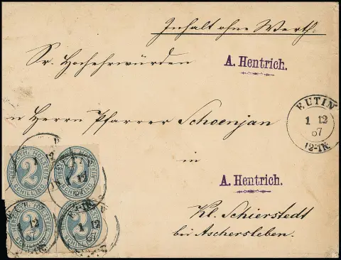2 Sch. lichtblauw, paar en twee losse exemplaren in goede staat op brief "Inhalt ohne Werth" met K2 "Eutin" 1867 naar Kl. Schierstedt bij Aschersleben. De frankering is correct met 8 Sch. (= 6 Sgr.) voor een monsterzending tot 4 lot, maar links is de envelop verkort, zodat de volledigheid van de frankering niet zeker is. Ex Engel, foto-exp. Möller