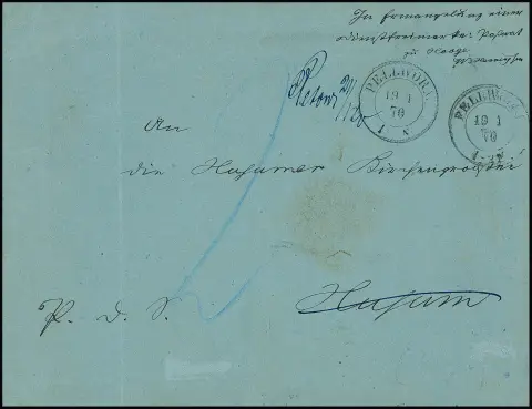 "Hooge", 1870 (Hallig Hooge!), in dieser Form einzigartige blaue Faltbriefhülle mit hs. unterzeichnetem Aufgabevermerk "In Ermangelung einer Dienstfreimarke:…