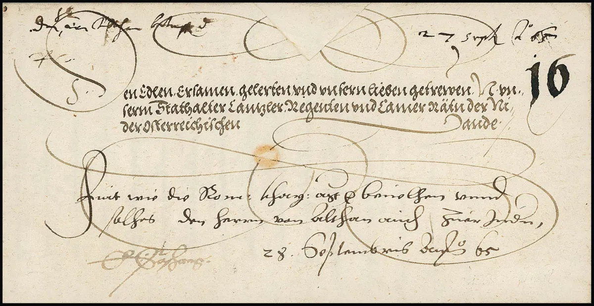 Wien, 1565, dekorativer Kaiser-Schnörkelbrief mit Briefkopf und eigenhändiger Unterschrift von Kaiser Maximilian II., betr. Schankrecht