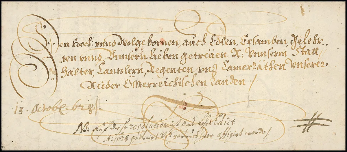 Wien, 1628, dekorativer Kaiserbrief mit Briefkopf und eigenhändiger Unterschrift von Kaiser Ferdinand II.