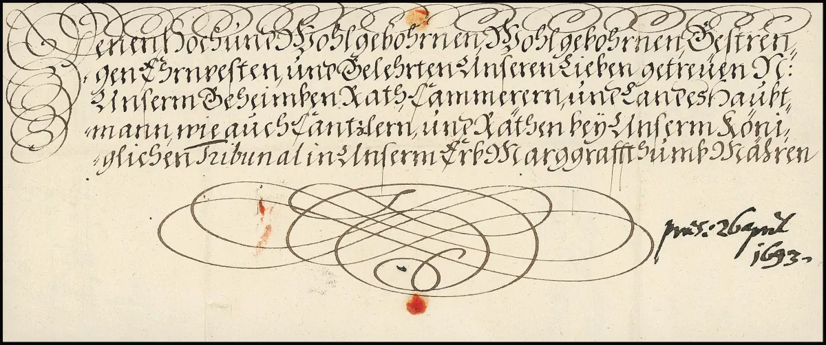 Wenen, 1693, decoratieve keizerlijke krulbrief met briefhoofd en eigenhandige handtekening van keizer Leopold I, op achterzijde groot papieren zegel