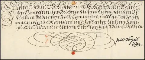 Vienna, 1693, decorative imperial flourish letter with letterhead and autograph signature of Emperor Leopold I, on reverse large paper seal