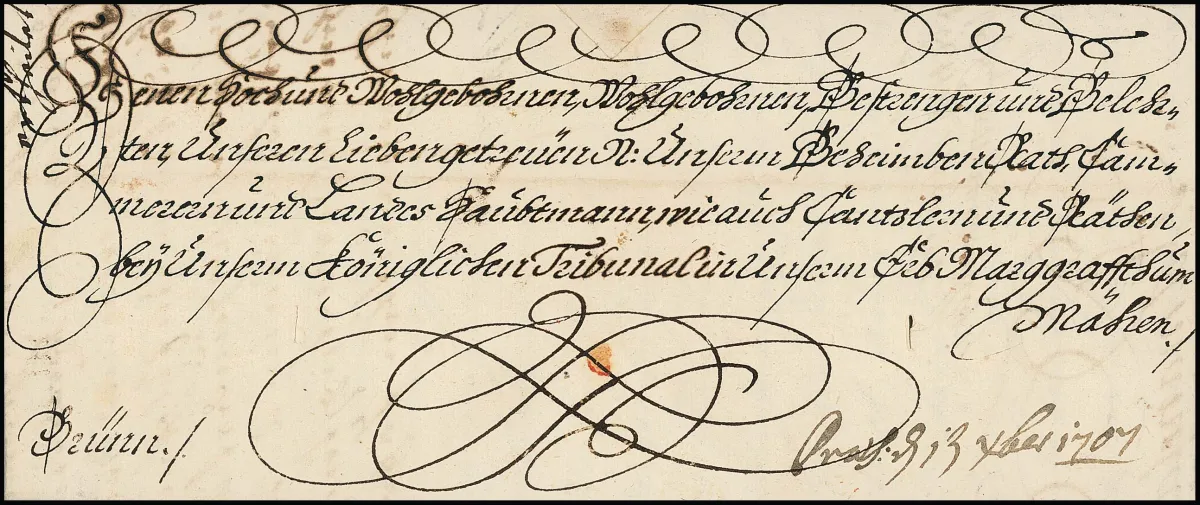 Вена, 1707, декоративное императорское письмо с завитками, бланком и собственноручной подписью императора Франца Иосифа I, на обороте большая бумажная печать