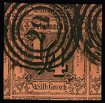 1/4 Sgr. black/red-brown, spectacularly cut example with parts of all eight neighbouring stamps and clear NS "29" (Hanau). One of the most widely cut Taxis single stamps, signed Brettl, photo certificate Sem