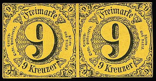 9 Kr. black/yellow, full-margined horizontal pair with original gum, horizontal hinge trace or hinge at left, visually a beautiful and unused extremely rare…