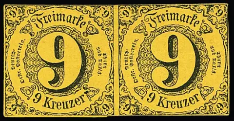 9 Kr. schw./gelb, vollrandiges waagerechtes Paar mit Originalgummi, waagerechte Bugspur bzw. Bug links, optisch eine schöne und ungebraucht äusserst seltene…