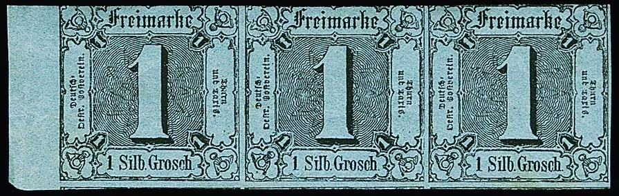 1 Sgr. schw./graublau, ungebrauchter Dreierstreifen mit links 6mm Bogenrand, voller Originalgummi mit Falz. Oben leicht angeschnitten, sonst gut. Große…