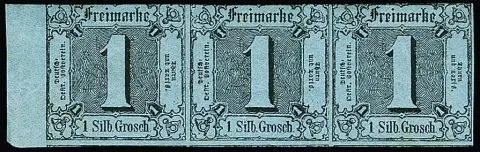 1 Sgr. schw./graublau, ungebrauchter Dreierstreifen mit links 6mm Bogenrand, voller Originalgummi mit Falz. Oben leicht angeschnitten, sonst gut. Große…