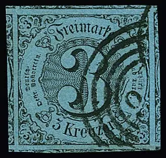 3 Kr. black/greenish blue, exceptionally wide-cut, used cabinet piece with parts of all possible neighbouring stamps, so-called "small block of nine"