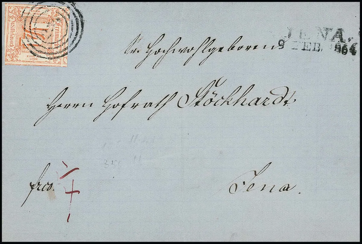 1/4 Sgr. rot, allseits sehr breitrandiges Luxusstück (Nebenmarken an allen Seiten) mit NS "234" und L2 "Jena" auf Ortsbrief
