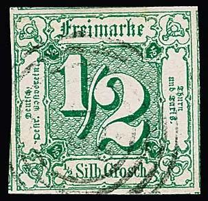 1/2 Sgr. vert, pièce de luxe aux marges gigantesques avec parties de marques voisines sur les quatre côtés, signé Kruschel