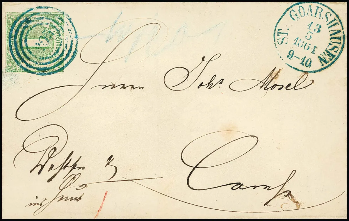 1 Kr. vert, margé sur trois côtés, sur lettre pliée avec NS bleu "205" et Neben-K1 "St. Goarshausen" vers Camp. Le timbre ne représente que le port dû sur une lettre autrement affranchie (ms. "Wfco 0/1" et "ins Haus 1"). Rareté de port !