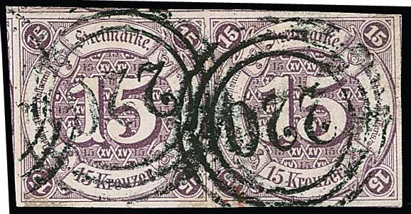 15 Kr. purper, uitzonderlijk breed gesneden horizontaal kabinetpaar met delen van naburige zegels aan alle zijden en NS "220" (Frankfurt a.M.). In deze snijkwaliteit een opmerkelijke eenheid, fotocertificaat Bühler