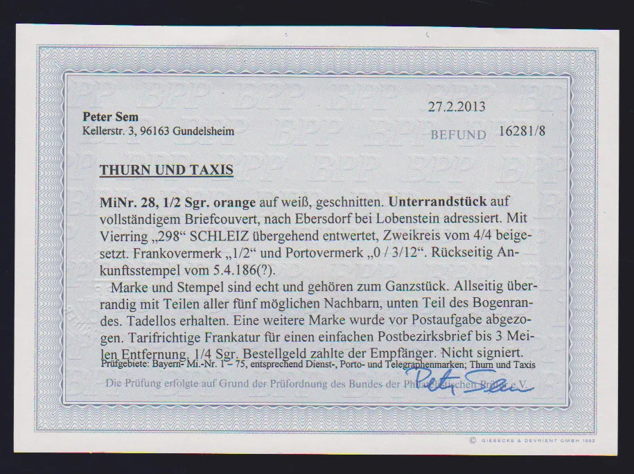 1/2 Sgr. rotorange, Luxus-Schnittriese vom Unterrand, alle anderen Seiten größere Teile von allen Nebenmarken (!), auf Damencouvert mit NS "298" und K2…