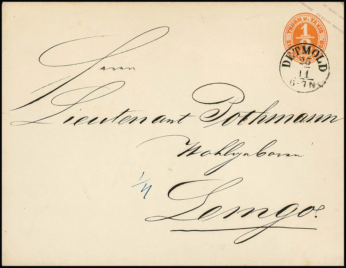 Entier postal 1/2 Sgr. orange, grand format, rare enveloppe de cabinet avec K1 "Detmold" pour Lemgo, rare en grand format dans cet bel état, Mi. 1400,-