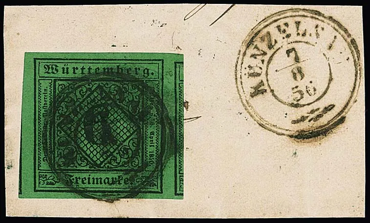 6 Kr. schw./blaugrün, Ausnahme-Schnittriese, allseits breit- bis überrandig, links und rechts (!) Nebenmarken, auf Luxusbriefstück mit K2 "Künzelsau"
