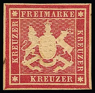 Korn'scher Probeabzug in karminrosa (Farbe der späteren 9 Kr.) auf dickem Kartonpapier mit erhabener Wappenprägung. Winzige Fleckchen im li. Aussenrand, sonst…