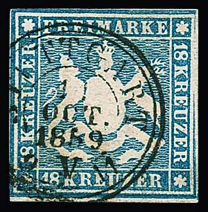 18 Kr. bleu, pièce de choix avec K2 clair "Stuttgart", partie inférieure de la marge de feuille, toutes marges pleines à larges, rare ainsi. Mi. 1700,-