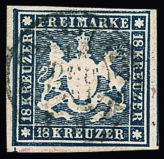 18 Kr. dark blue, wide to over-margined luxury piece with centered K2 "Cannstatt", from the left sheet margin. Signed Thoma, Unverferth and certificate Irtenkauf "flawless", rare in this condition. Mi. 1500,-