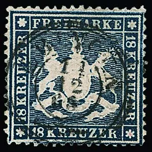 18 Kr. dark blue, luxury piece with centered K2 "Ebingen", well-perforated on all sides and extremely rare in this good condition! Certificates Irtenkauf, Thoma. Mi. 2500,- +
