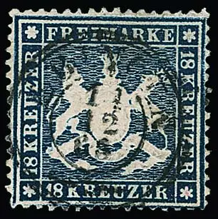 18 кр. тёмно-синяя, люксовый экземпляр с центричным K2 "Ebingen", со всех сторон хорошая зубцовка и в таком хорошем состоянии исключительно редка! Аттестаты Irtenkauf, Thoma. Mi. 2500,- +